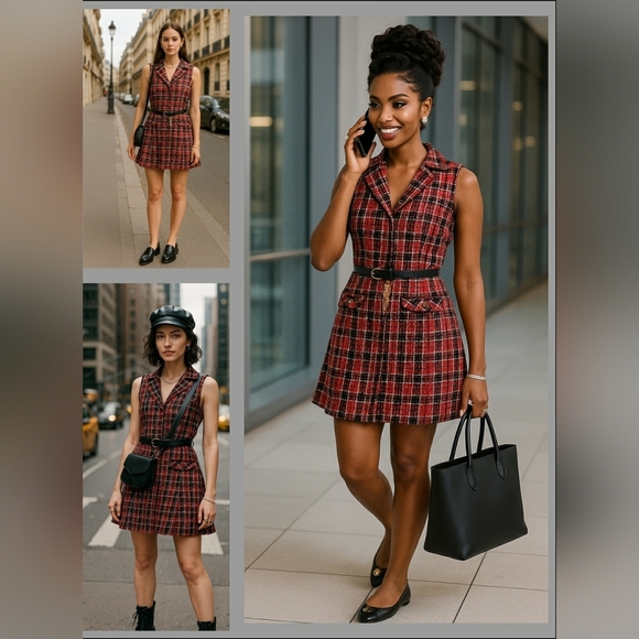Preppy Retro Academia School Girl Y2K Career Mini Pleated Tweed Knit Plaid Dress - Picture 1 of 8